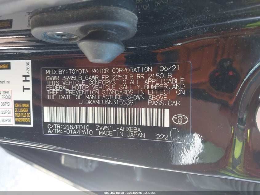2022 Toyota Prius VIN JTDKAMFU6N3155391 IAAI salvage auction — FRONT END, Salvage (Kansas), sold $4,850 on 2026-07-29 (photo 9)