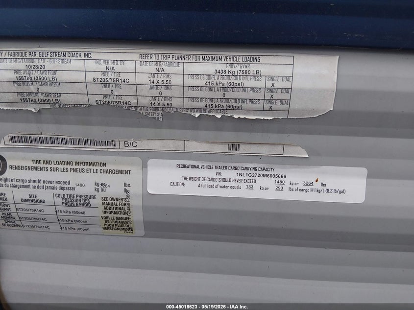 2021 Gulfstream Kingsport VIN 1NL1G2720M6005666 IAAI salvage auction — HAIL, Original (Texas), sold $3,000 on 2026-07-28 (photo 9)