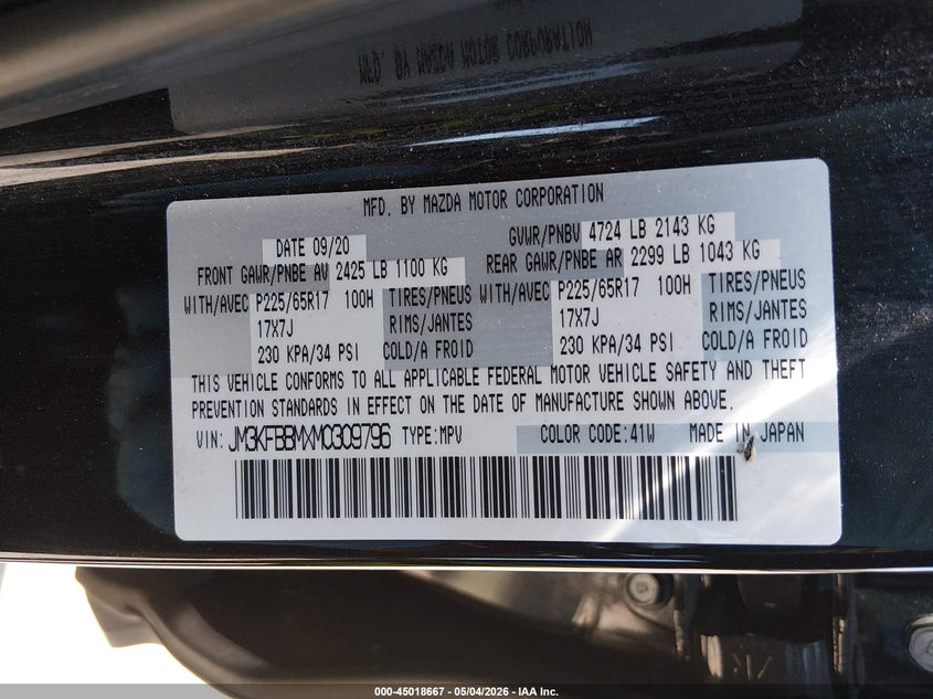 2021 Mazda Cx-5 VIN JM3KFBBMXM0309796 IAAI salvage auction — REAR END, Salvage (New Jersey), sold $4,700 on 2026-07-28 (photo 9)