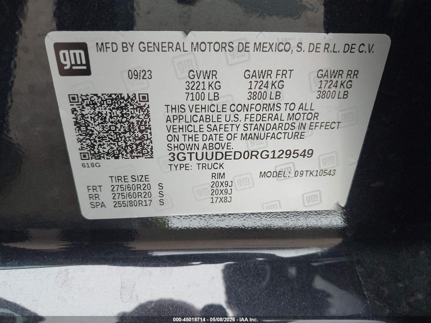 2024 Gmc SIERRA VIN 3GTUUDED0RG129549 IAAI salvage auction — RIGHT SIDE, Salvage (Texas), sold $16,000 on 2026-07-29 (photo 9)