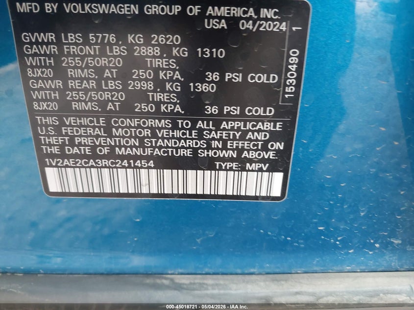 2024 Volkswagen Atlas cross sport VIN 1V2AE2CA3RC241454 IAAI salvage auction — SIDE, Salvage (Arizona), sold $12,900 on 2026-07-28 (photo 9)