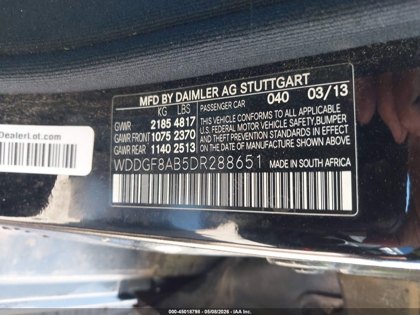 2013 Mercedes-benz VIN WDDGF8AB5DR288651 IAAI salvage auction — LEFT SIDE, Clear (Oklahoma), sold $2,425 on 2026-07-15 (photo 9)