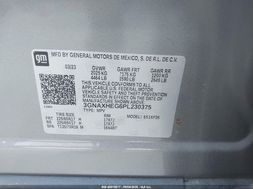2023 Chevrolet Equinox VIN 3GNAXHEG6PL230375 IAAI salvage auction — HAIL, Salvage (Kansas), sold $7,250 on 2026-07-29 (photo 9)