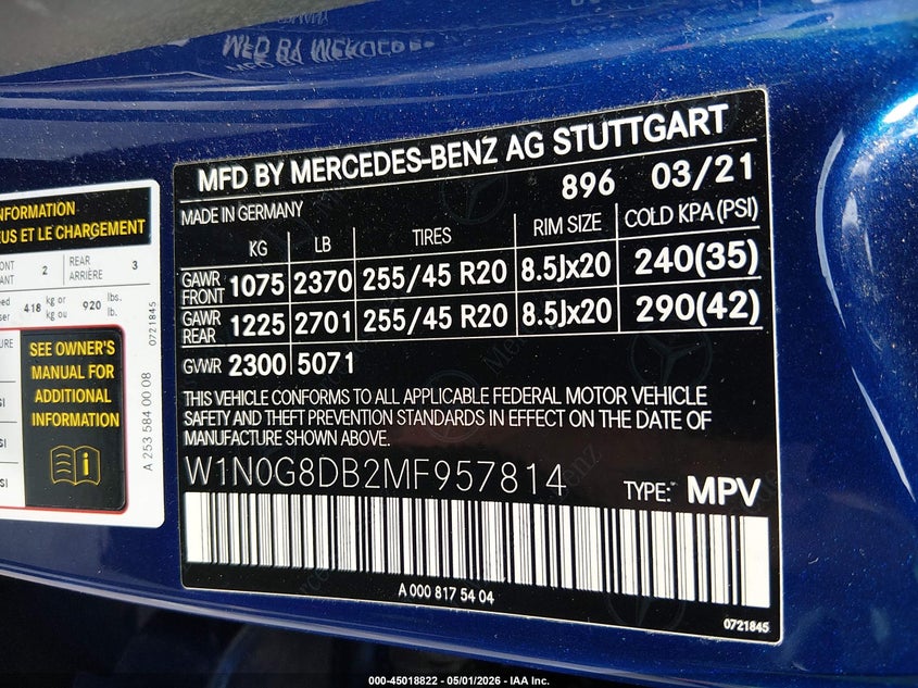 2021 Mercedes-benz Glc VIN W1N0G8DB2MF957814 IAAI salvage auction — RIGHT FRONT, Salvage (South Carolina), sold $9,450 on 2026-07-08 (photo 9)