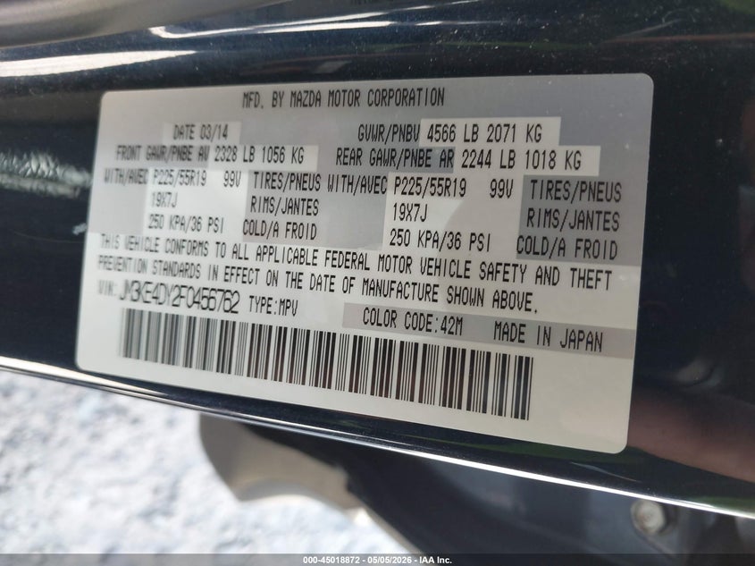 2015 Mazda Cx-5 VIN JM3KE4DY2F0456762 IAAI salvage auction — HAIL, Junk Bill Of Sale Mv2459 (Wisconsin), sold $2,500 on 2026-07-08 (photo 9)