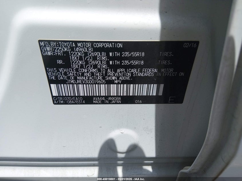 2016 Toyota Rav 4 VIN JTMDJREV3GD019605 IAAI salvage auction — RIGHT SIDE, Salvage (California), sold $6,550 on 2026-07-15 (photo 9)