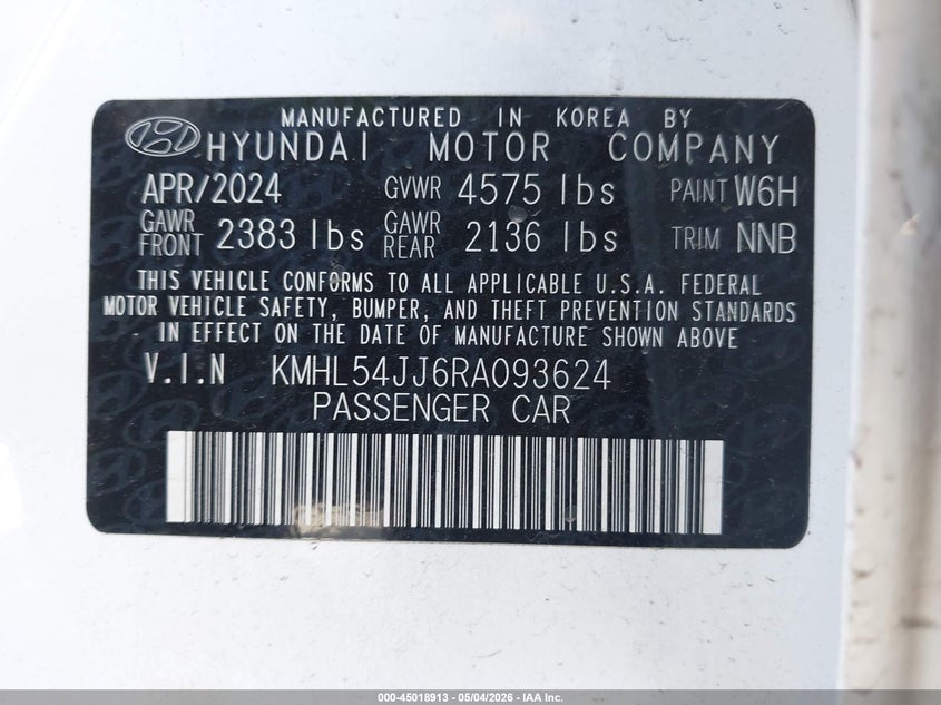 2024 Hyundai Sonata hybrid VIN KMHL54JJ6RA093624 IAAI salvage auction — SIDE, Salvage (California), sold $6,000 on 2026-07-22 (photo 9)