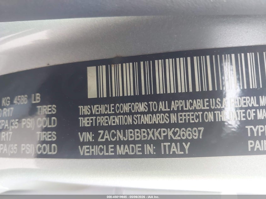 2019 Jeep Renegade VIN ZACNJBBBXKPK26697 IAAI salvage auction — FRONT END, Salvage (South Carolina), sold $2,050 on 2026-08-03 (photo 9)
