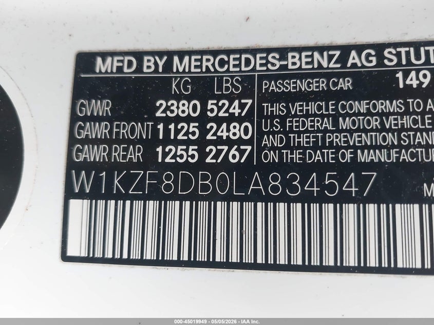 2020 Mercedes-benz E-klasse VIN W1KZF8DB0LA834547 IAAI salvage auction — FRONT END, Original (Texas), sold $12,400 on 2026-08-14 (photo 9)