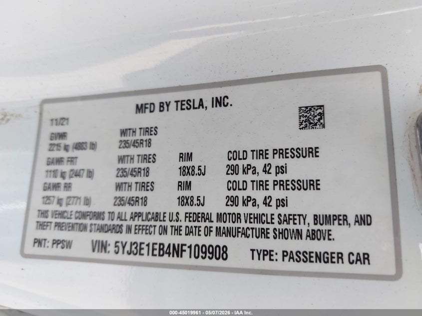 2022 Tesla Model 3 VIN 5YJ3E1EB4NF109908 IAAI salvage auction — FRONT END, Original (Texas), sold $9,200 on 2026-07-30 (photo 9)