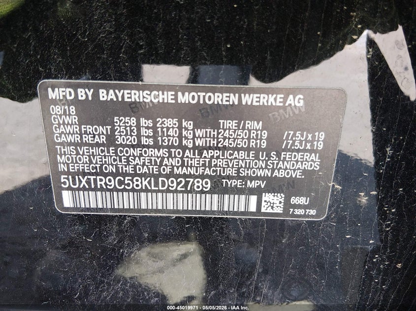 2019 BMW X3 VIN 5UXTR9C58KLD92789 IAAI salvage auction — FRONT END, Salvage (Pennsylvania), sold $6,800 on 2026-07-28 (photo 9)