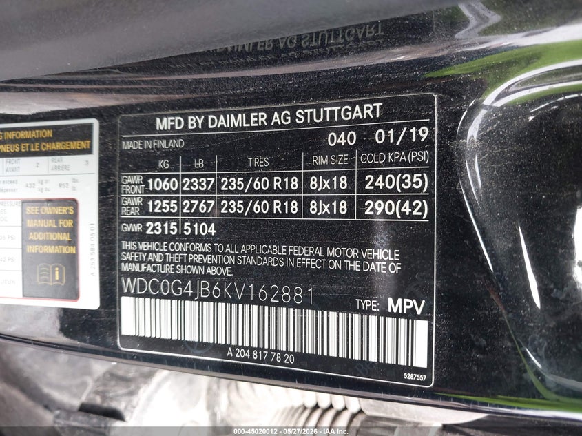 2019 Mercedes-benz Glc VIN WDC0G4JB6KV162881 IAAI salvage auction — FRONT END, Salvage Title, sold $3,950 on 2026-07-24 (photo 9)