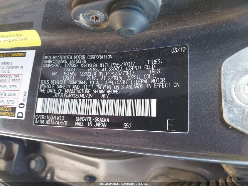2012 Toyota 4runner VIN JTEZU5JRXC5040739 IAAI salvage auction — FRONT END, Original (Texas), sold $5,650 on 2026-07-21 (photo 9)