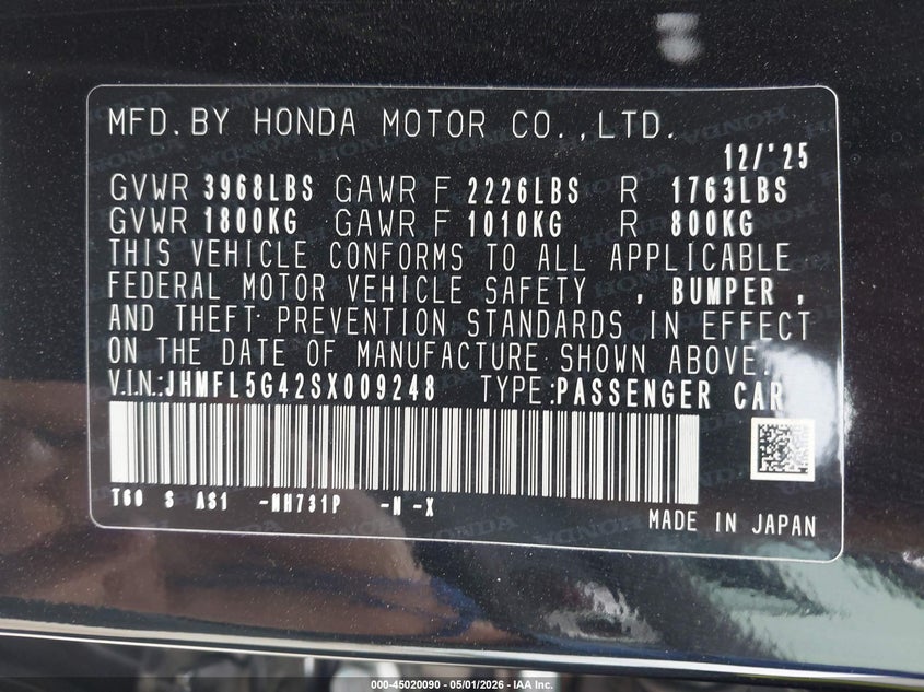 2025 Honda Civic VIN JHMFL5G42SX009248 IAAI salvage auction — FRONT END, Salvage (Texas), sold $13,100 on 2026-07-07 (photo 9)