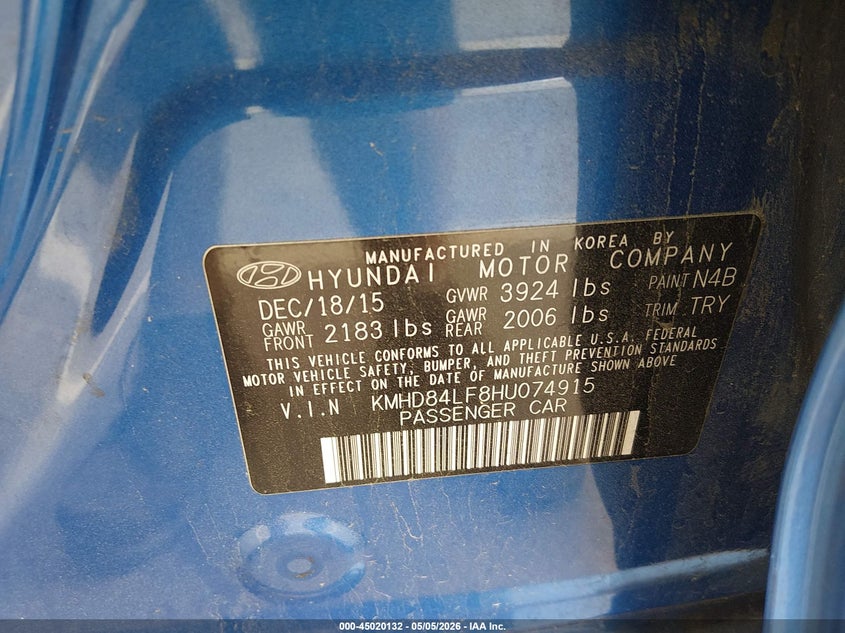 2017 Hyundai Elantra VIN KMHD84LF8HU074915 IAAI salvage auction — ROOF, Salvage (Mississippi), sold $450 on 2026-07-30 (photo 9)