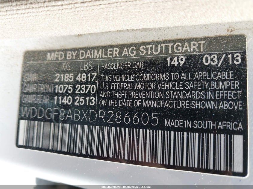 2013 Mercedes-benz C-klasse VIN WDDGF8ABXDR286605 IAAI salvage auction — FRONT END, Salvage (New Jersey), sold $1,400 on 2026-07-13 (photo 9)