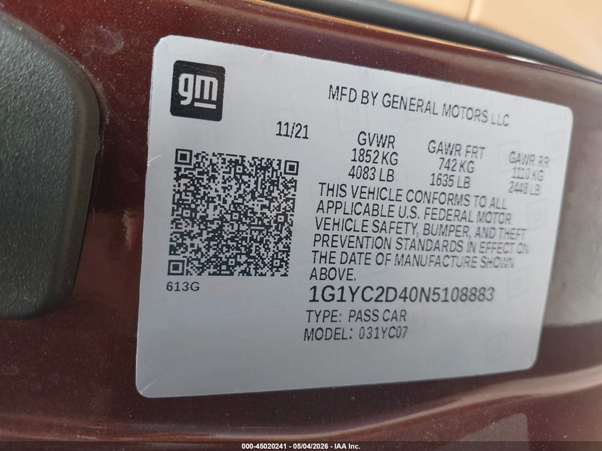 2022 Chevrolet Corvette VIN 1G1YC2D40N5108883 IAAI salvage auction — FRONT END, Salvage (Texas), sold $20,450 on 2026-07-20 (photo 9)