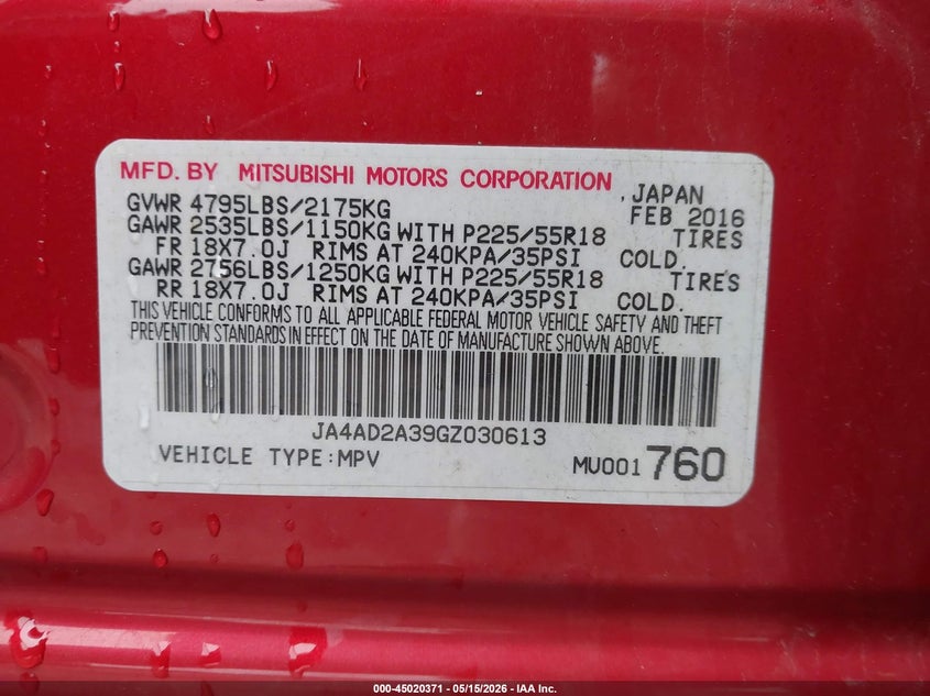 2016 Mitsubishi Outlander VIN JA4AD2A39GZ030613 IAAI salvage auction — FRONT END, Salvage (Idaho), sold $500 on 2026-07-23 (photo 9)
