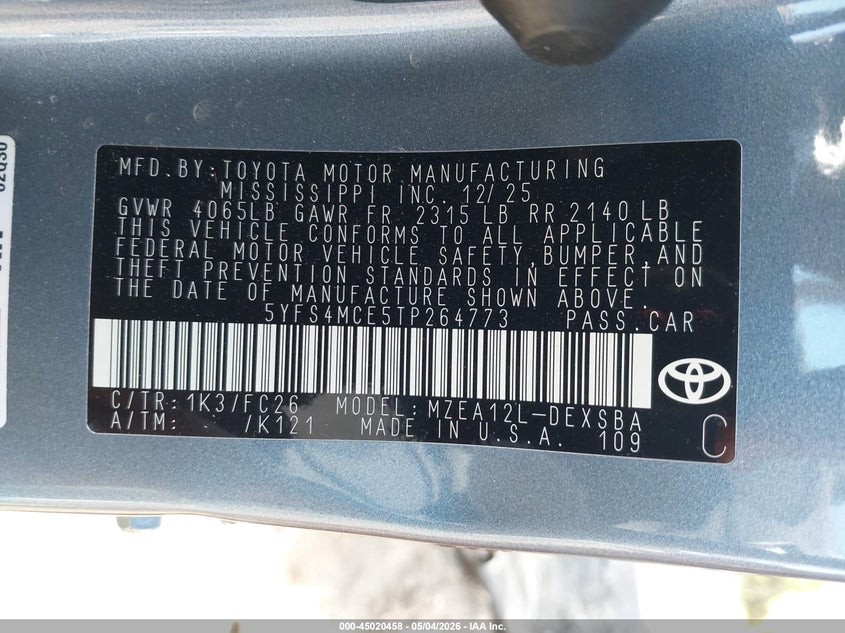 2026 Toyota Corolla VIN 5YFS4MCE5TP264773 IAAI salvage auction — RIGHT SIDE, Salvage (Idaho), sold $3,025 on 2026-07-07 (photo 9)