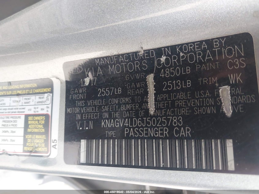 2018 Kia Optima VIN KNAGV4LD6J5025783 IAAI salvage auction — RIGHT REAR, Salvage (California), sold $3,550 on 2026-07-07 (photo 9)