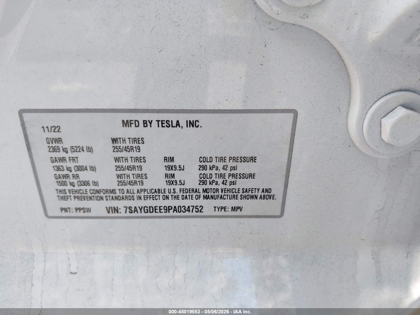 2023 Tesla Model y VIN 7SAYGDEE9PA034752 IAAI salvage auction — LEFT & RIGHT, Salvage Certificate (California), sold $7,100 on 2026-07-10 (photo 9)