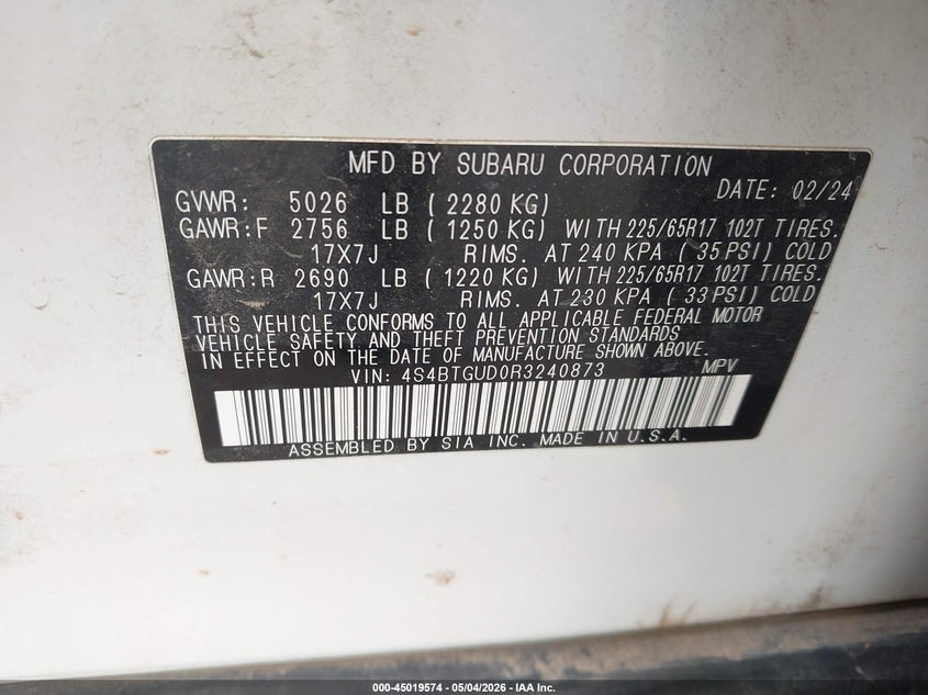 2024 Subaru Outback VIN 4S4BTGUD0R3240873 IAAI salvage auction — RIGHT SIDE, Salvage (Arizona), sold $14,450 on 2026-07-09 (photo 9)