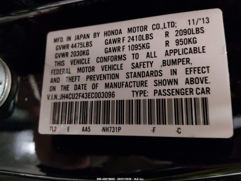 2014 Acura Tsx VIN JH4CU2F43EC003096 IAAI salvage auction — RIGHT FRONT, Salvage (Idaho), sold $1,850 on 2026-07-10 (photo 9)