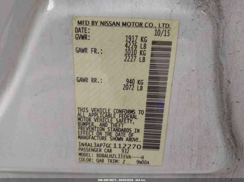 2016 Nissan Altima VIN 1N4AL3AP7GC112270 IAAI salvage auction — TRANSMISSION, Salvage (California), sold $525 on 2026-07-11 (photo 9)