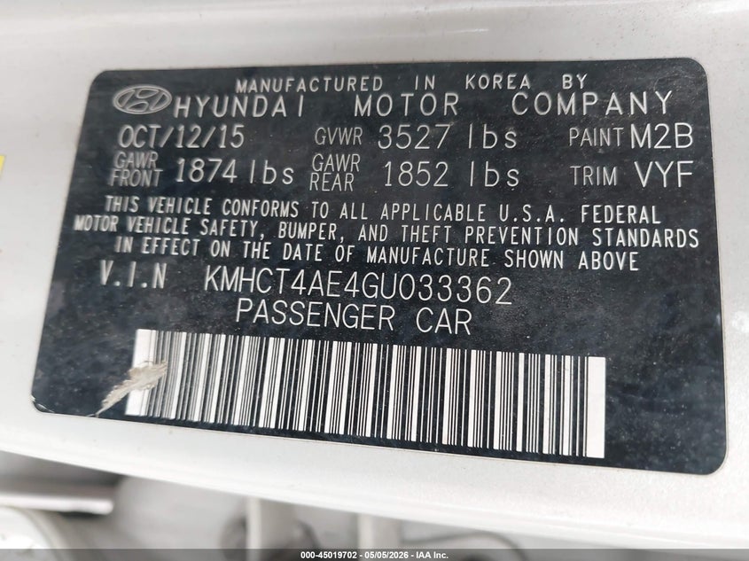 2016 Hyundai Accent VIN KMHCT4AE4GU033362 IAAI salvage auction — FRONT END, Salvage (Oregon), sold $650 on 2026-07-20 (photo 9)
