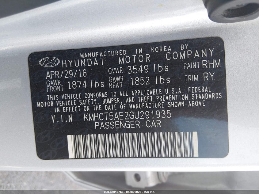 2016 Hyundai Accent VIN KMHCT5AE2GU291935 IAAI salvage auction — FRONT END, Salvage (Nevada), sold $200 on 2026-07-18 (photo 9)