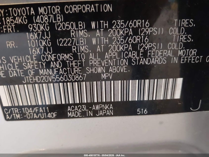 2005 Toyota Rav 4 VIN JTEHD20V556030867 IAAI salvage auction — FRONT END, Clear (Michigan), sold $975 on 2026-07-14 (photo 9)