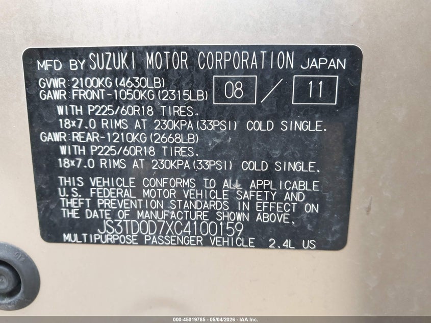 2012 Suzuki Grand vitara VIN JS3TD0D7XC4100159 IAAI salvage auction — FRONT END, Salvage (Texas), sold $675 on 2026-07-21 (photo 9)