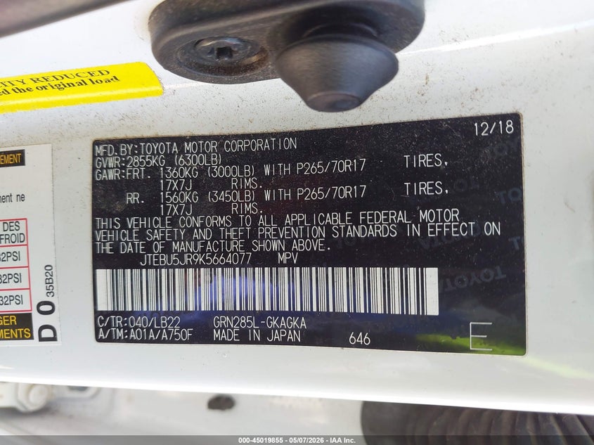 2019 Toyota 4runner VIN JTEBU5JR9K5664077 IAAI salvage auction — STORM DAMAGE, Original (Texas), sold $15,000 on 2026-07-14 (photo 9)