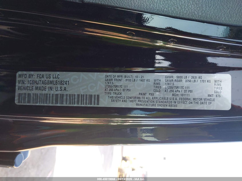 2021 Jeep Gladiator VIN 1C6HJTAG8ML618241 IAAI salvage auction — WATER/FLOOD, Salvage (Texas), sold $8,600 on 2026-07-28 (photo 9)