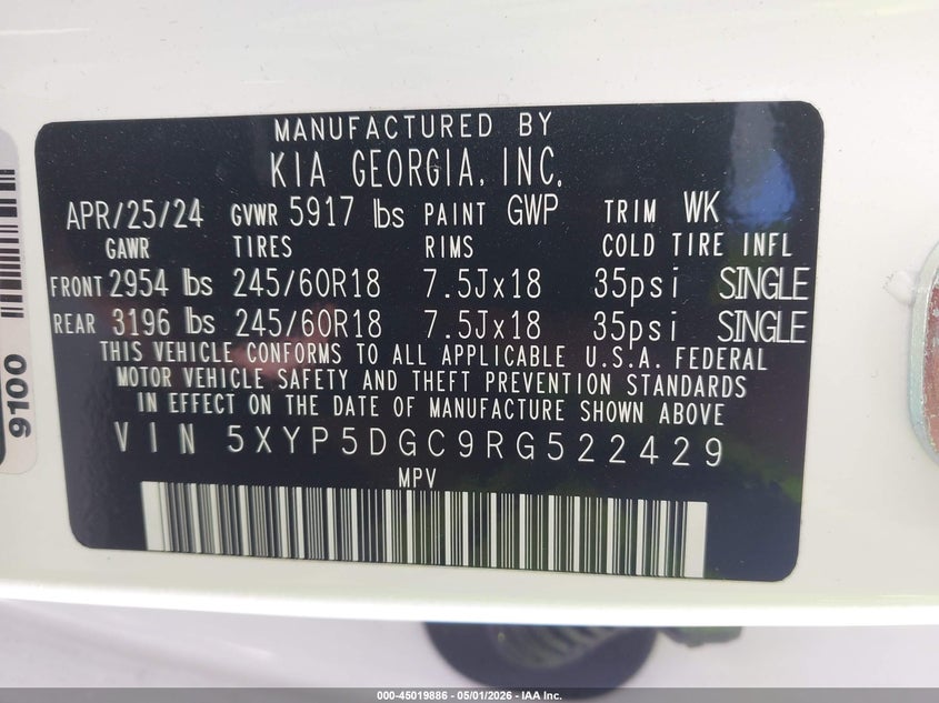 2024 Kia Telluride VIN 5XYP5DGC9RG522429 IAAI salvage auction — FRONT END, Salvage - Greater Than 75% (Maryland), sold $2,550 on 2026-07-23 (photo 9)