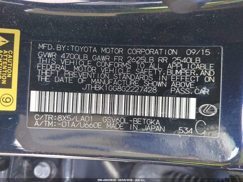 2016 Lexus ES VIN JTHBK1GG8G2227428 IAAI salvage auction — ENGINE BURN, Non-Repairable (Maryland), sold $700 on 2026-07-08 (photo 9)