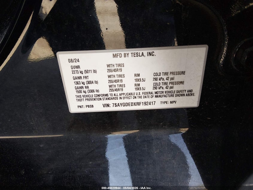 2024 Tesla Model y VIN 7SAYGDEDXRF192417 IAAI salvage auction — REAR END, Salvage (New Jersey), sold $10,200 on 2026-07-30 (photo 9)