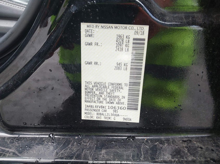 2019 Nissan Altima VIN 1N4BL4FV8KC106360 IAAI salvage auction — FRONT END, Salvage (Illinois), sold $900 on 2026-08-03 (photo 9)