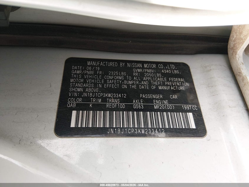 2019 Nissan Rogue VIN JN1BJ1CP3KW233412 IAAI salvage auction — FRONT END, Original (Texas), sold $2,300 on 2026-07-29 (photo 9)