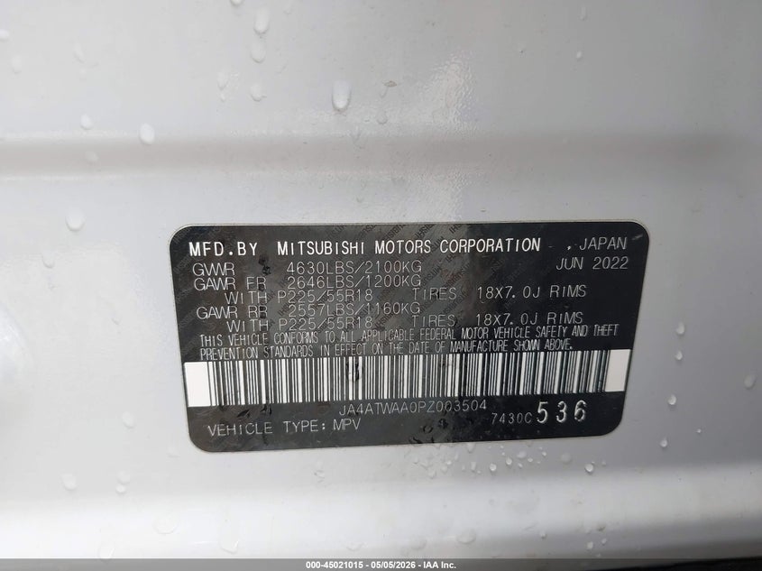 2023 Mitsubishi Eclipse cross VIN JA4ATWAA0PZ003504 IAAI salvage auction — FRONT END, Salvage (Nebraska), sold $8,950 on 2026-07-23 (photo 9)
