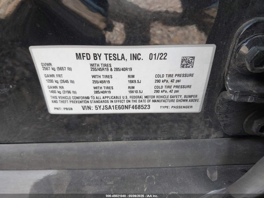 2022 Tesla Model s VIN 5YJSA1E60NF468523 IAAI salvage auction — LEFT SIDE, Salvage (Illinois), sold $13,200 on 2026-07-15 (photo 9)
