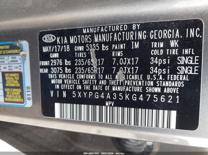 2019 Kia Sorento VIN 5XYPG4A35KG475621 IAAI salvage auction — FRONT END, Salvage (Georgia), sold $1,400 on 2026-08-02 (photo 9)