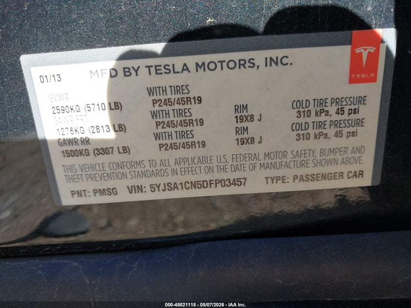 2013 Tesla Model s VIN 5YJSA1CN5DFP03457 IAAI salvage auction — ELECTRICAL, Salvage (Pennsylvania), sold $500 on 2026-07-22 (photo 9)