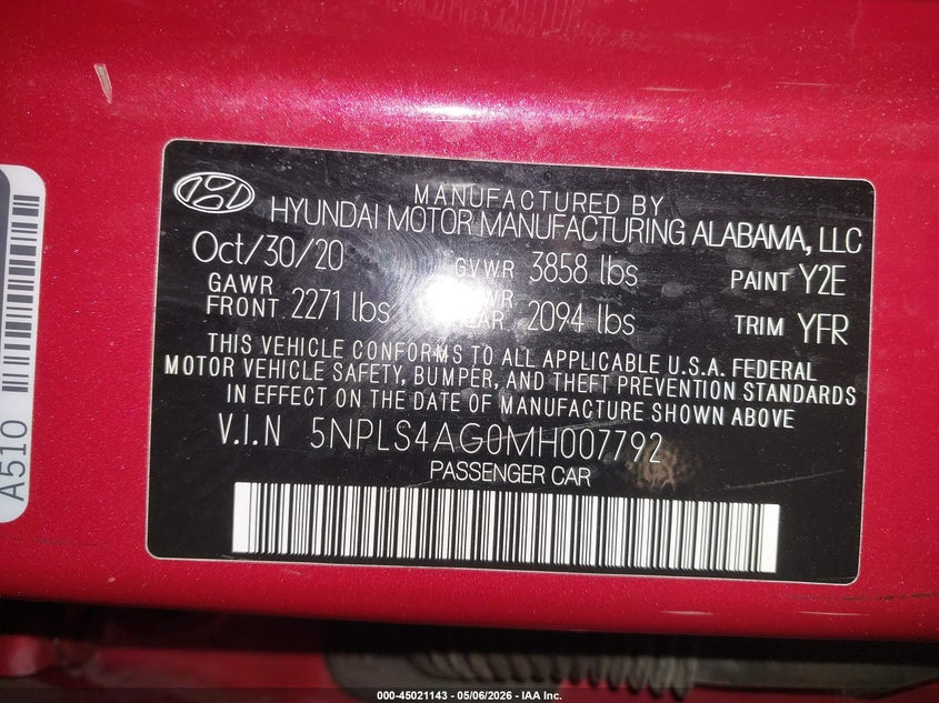 2021 Hyundai Elantra VIN 5NPLS4AG0MH007792 IAAI salvage auction — REAR END, Salvage (Maine), sold $2,550 on 2026-07-13 (photo 9)