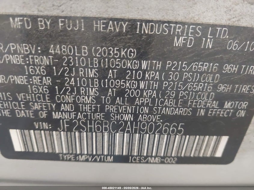 2010 Subaru Forester VIN JF2SH6BC2AH902665 IAAI salvage auction — NORMAL WEAR, Clear (New York), sold $650 on 2026-07-22 (photo 9)