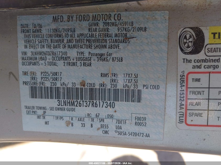 2007 Lincoln Mkz VIN 3LNHM26T37R617340 IAAI salvage auction — RIGHT SIDE, Clear (Oklahoma), sold $375 on 2026-07-29 (photo 9)