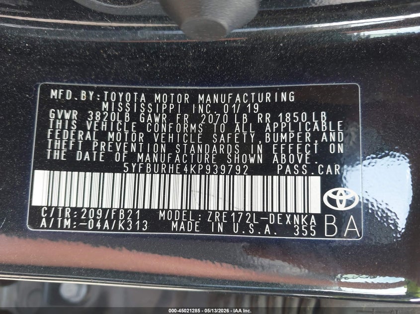 2019 Toyota Corolla VIN 5YFBURHE4KP939792 IAAI salvage auction — LEFT FRONT, Salvage - Greater Than 75% (Maryland), sold $2,150 on 2026-07-08 (photo 9)