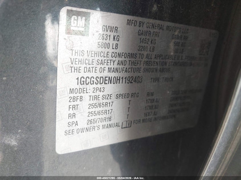 2017 Chevrolet Colorado VIN 1GCGSDEN0H1192403 IAAI salvage auction — REAR END, Salvage (Texas), sold $4,250 on 2026-07-09 (photo 9)