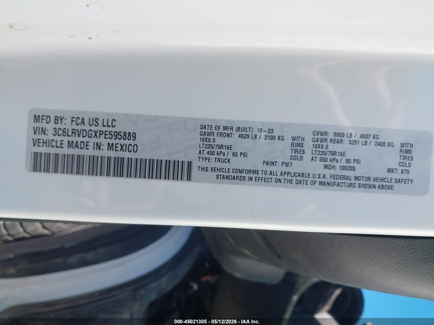 2023 Ram Promaster 2500 VIN 3C6LRVDGXPE595889 IAAI salvage auction — REAR END, Clear (Florida), sold $11,250 on 2026-07-23 (photo 9)