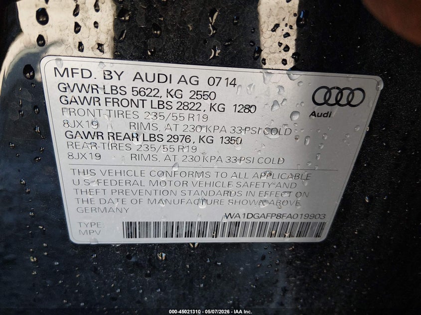 2015 Audi Q5 VIN WA1DGAFP8FA019903 IAAI salvage auction — REAR END, Salvage Title, sold $2,300 on 2026-07-19 (photo 9)